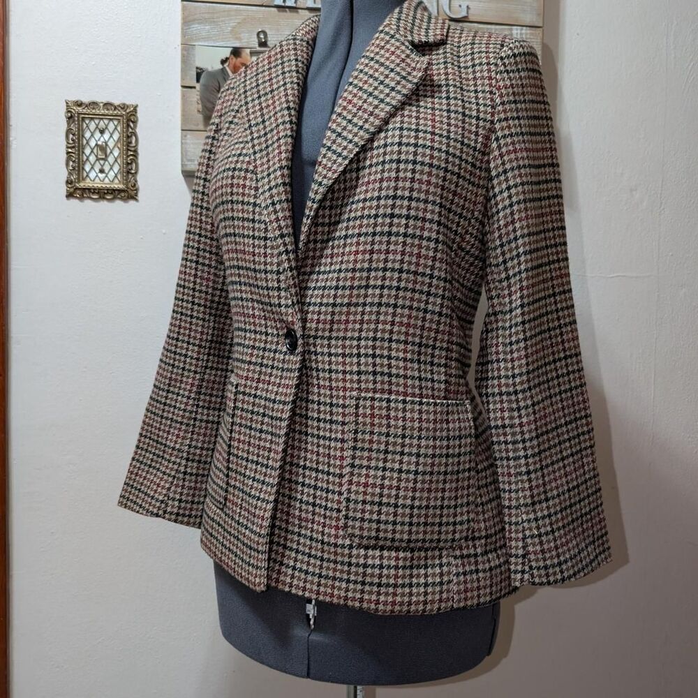 brown houndstooth wool blend blazer